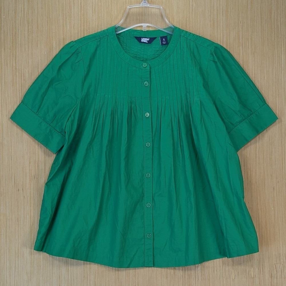 Lands' End Womens Preppy Green Oversized Pintuck Pleated Cotton Blouse Sz Small
